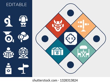 editable icon set. 13 filled editable icons.  Simple modern icons about  - Dohyo, Eye dropper, Signpost, Read, Hamster wheel, French horn, Pamela, Chest, Hannya, Terrace