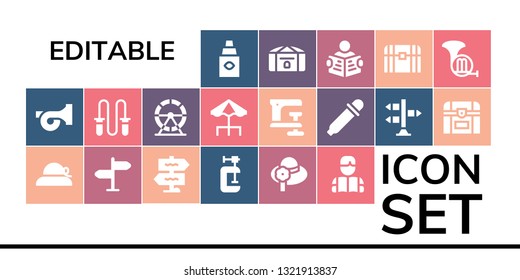 editable icon set. 19 filled editable icons.  Collection Of - Eye dropper, French horn, Pamela, Signpost, Clamp, Reading, Jumping rope, Hamster wheel, Terrace, Chest, Read
