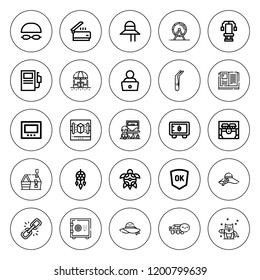 Editable Icon Set. Collection Of 25 Outline Editable Icons With Chest, Clamps, Broken Link, Dreamcatcher, Fuel Station, Hamster Wheel, Fox, Goggles Icons. Editable Icons.