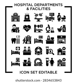 Editable icon set illustrating various hospital departments and medical facilities.