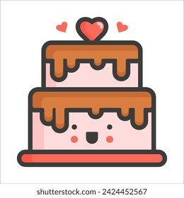 Editable icon for valentine's day smiling three tiered chocolate cake with hearts. Flat style. Vector illustration.