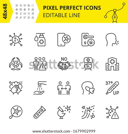 Editable Icons, Coronavirus Part-2 (2019-ncov or Covid-19). Includes Crowd, Doctor, Virus, etc. Pixel Perfect 48x48, Scaled Set. Vector.