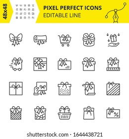 Editable Icons of Gifts, Surprises and Shopping. Includes Gift card, Delivery, Boxes, Сart etc. Pixel Perfect, 48x48  Scale Set. Vector.