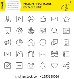 Editable Icons for Mobile applications, Web sites and other Platforms which includes User, Like, Home, Notifications etc. Pixel Perfect 48x48, Scaled Set. Vector.