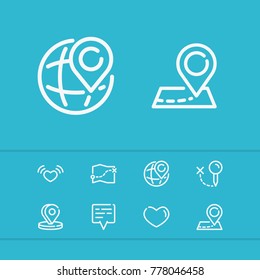 Editable icons set with 3d pin, heart and location mark elements. Set of locate, love, heart icons and love concept. Editable vector elements for logo web mobile app UI design.