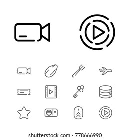 Editable icons set with almond, scroll up and star elements. Set of sparkle, star, film icons and start concept. Editable vector elements for logo web mobile app UI design.