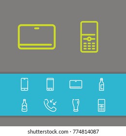 Editable icons set with call, beer bottle and cell phone elements. Set of telephone, cellphone, smartphone icons and handset concept. Editable vector phone elements for logo web mobile app UI design.