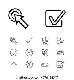 Editable icons set with dollar, honey and taco elements. Set of check, select, approved icons and approved concept. Editable vector elements for logo web mobile app UI design.