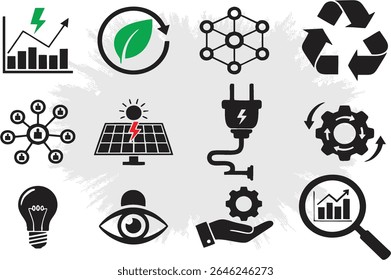 Editable Icons set for energy sector, media and news channels. Graph, power generation, recycling, solar power and green energy. EPS 10