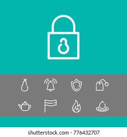 Editable icons set with fruit, lock and alarm bell elements. Set of teabag, pennant, jingle icons and pennant concept. Editable vector elements for logo web mobile app UI design.