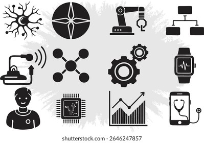 Ícones editáveis definidos para Internet das coisas e pesquisa. Automação, robôs, cadeia de suprimentos, segurança, aplicativos digitais, medicação online, inteligência artificial. EPS 10