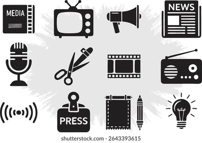 Ícones editáveis definidos para canais de mídia e de notícias. TV, rádio, alto-falante, jornal, cartão de imprensa, microfone, filme, câmera, criatividade. EPS 10