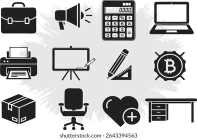 Editable Icons set for office and business. Presentation, analysis, loud speaker, briefcase, office chair, table, desk, printer, calculator, packing.