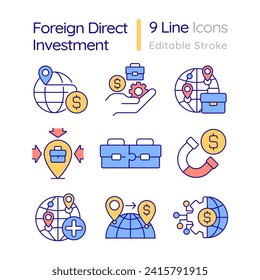 Editable icons set representing foreign direct investment, isolated vector, thin line illustration.