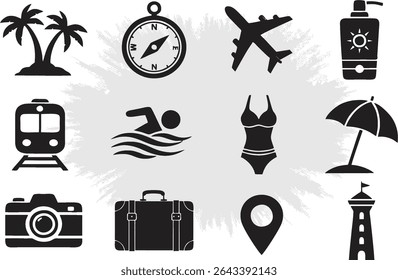 Editable  Icons set for travel, fun, entertainment, and enjoyment. Ship, palm tree, passport, compass, bag, juice, sunblock, map, briefcase, camera, umbrella, air ticket and hotel. EPS 10