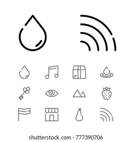 Editable icons set with wifi, fruit and music note elements. Set of splash, fruit, shop icons and store concept. Editable vector elements for logo web mobile app UI design.