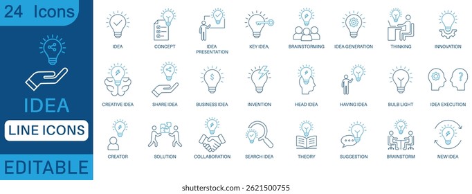 Concepto de conjunto de iconos de línea de idea editables, lluvia de ideas, innovación, solución, idea de negocio, bombilla, estrategia, creatividad, colaboración y más. Perfecto para el diseño de iconos y presentaciones.
