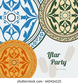 Editable Iftar Party Vector Background Concept Using Turkish Tulip Circle Pattern and Hazy Date Palm Fruits for Poster or Invitation Card of Islamic Moments