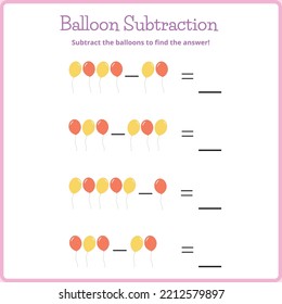 Editable Illustrated Balloon Subtraction Math Worksheet Template