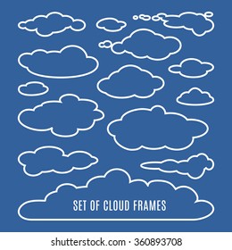 Editable  illustration of clouds isolated on dark blue background. Set of clouds of different shapes. Great collection of cloudscape elements. Heaven pattern. Meteorology. Vector design illustration