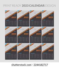Editable illustration page template A4, A3, set of 12 months with cover. Week start on Sunday. Vertical editable page, wall calendar vector illustration. Simple corporate card, planner. 2023 calendar.
