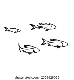 Editable illustration vector of different kinds of Fish, fishing, black image Silhouette 