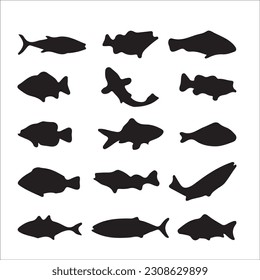 Editable illustration vector of different kinds of Fish, fishing, black image Silhouette