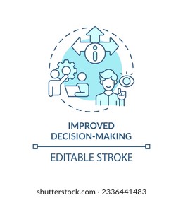 Editable improved decision-making concept blue thin line icon, isolated vector representing data democratization.