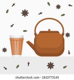 Editable Indian or Pakistani Masala Chai Tea in A Glass Mug and Pottery Kettle Vector Illustration with Ingredients Pattern for Artwork Element of Beverages With South Asian Culture and Tradition