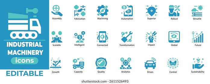 Editable industrial machinery vector set with tools, gears, and factory icons perfect for print, digital, and engineering use