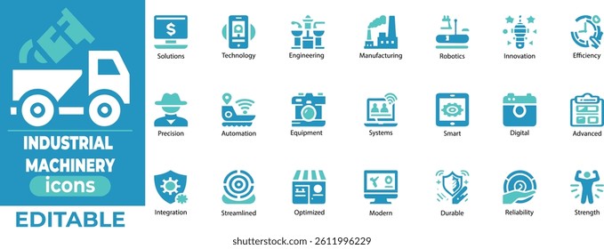 Editable industrial machinery vector set with tools, gears, and factory icons perfect for print, digital, and engineering use