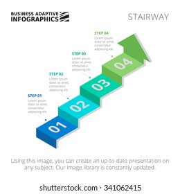 Editable infographic template of process arrow chart in form of stairway, blue and green version