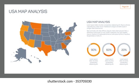 Editable infographic template of USA map analysis with percent marks and pie charts