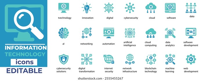 Editable Information Technology vector icons featuring AI, cloud, cybersecurity, data analytics, web development, and more 