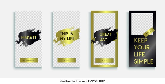 Editable instagram Luxury Stories template with gold texture. Instagram story. IG Streaming. Vector set insta packaging templates with different texture for luxury products.