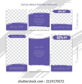 Editable Instagram Post And Story Social Media Template For Sale Discount And Product Promotion With Abstract Purple Dry Brush Ink Background