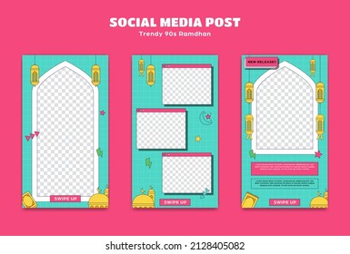 Editable instagram ramadhan social media story post template set 90s retro trendy cartoon style