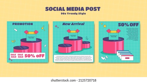 Editable Instagram Square Post Template Set Blue Color With Podium For Product Image Showcase In 90s Retro Trendy Cartoon Style