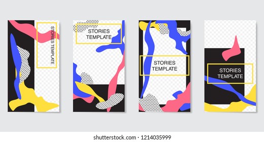 Editable Instagram Stories template. With abstract elements in a three colors and black background. For creative accounts. Vector illustration