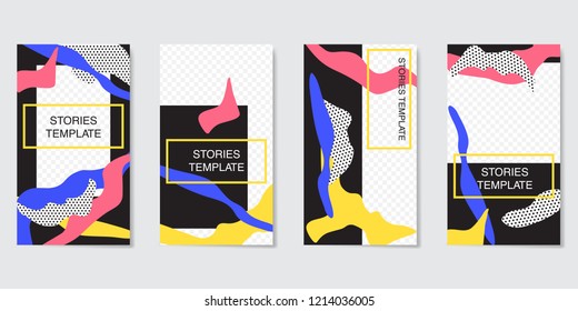 Editable Instagram Stories template. With abstract elements in a three colors and black background. For creative accounts. Vector illustration