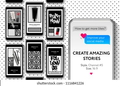 Editable Instagram Stories template. Fashion Beauty Blog Create your amazing Stories, set for brands and blogger, modern promotion web banner for social media mobile apps, vector illustration.