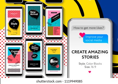 Editable Instagram Stories Template. Memphis Social Media Templates With Geometric Elements, Fashion Promo Banners For Online Shopping With Pop Art Pattern, Style 80 - 90s, Vector Illustration