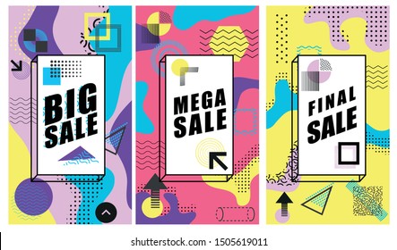 Editable Instagram Stories template. Memphis social media templates with geometric elements, Fashion promo banners for online shopping with pop art pattern, style 80 - 90s, vector illustration