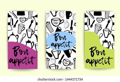 Editable Instagram stories template. Poster with kitchen   elements  pattern. Colorful backgrounds wiht inscription "Bon appetit". Applicable for banners, placards, flyers. menu.  Vector template.