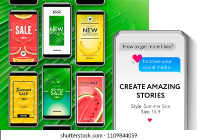 Editable Instagram Stories template. Social media templates Summer sale, create stories for brands and blogger, modern promotion web banner for social media mobile apps, vector illustration.