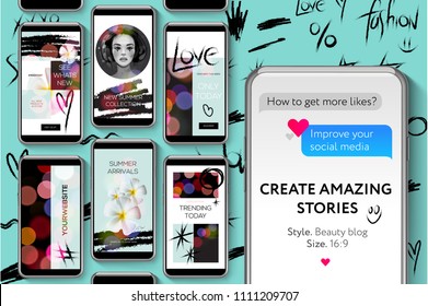 Editable Instagram Stories template. Social media templates, Beauty Blog Stories Bundle for brands and blogger, modern promotion web banner for social media mobile apps, vector illustration.
