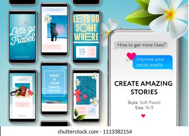 Editable Instagram Stories template. Social media story templates for brands and blogger. Create stories about travelling. Modern promotion web banner for social media mobile apps, vector illustration