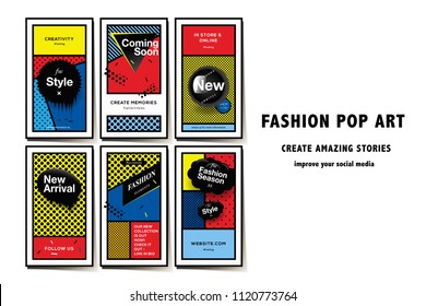 Editable Instagram Stories template. Social media templates Pop Art style and pattern, Fashion promo banners for online shopping with geometric elements, style 80 - 90s, vector illustration