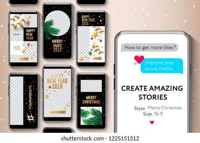 Editable Instagram stories templates, Merry Christmas and Happy New Year, streaming, set for brands and blogger, web banner for social media mobile apps, vector illustration.