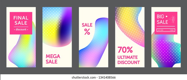 Editable instagram stories templates set with abstract elements for creative accounts. Vector illustration. Set of stories, sale banners with neon colors